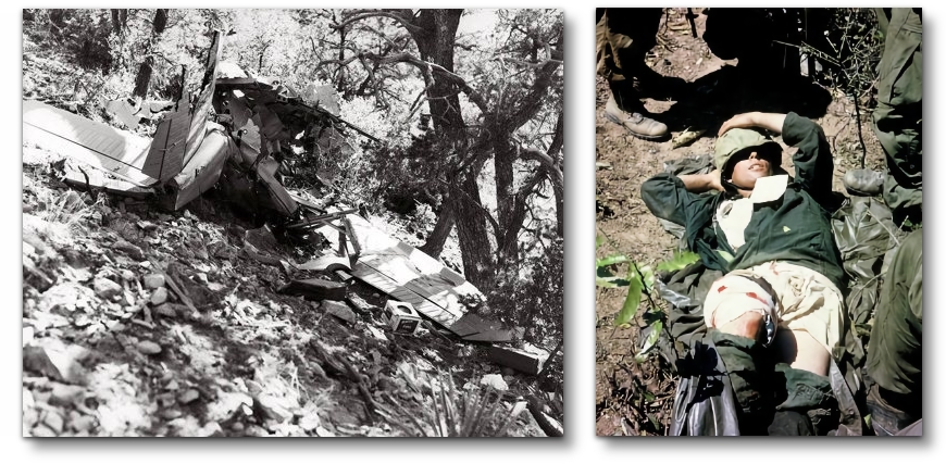 The wreckage of the Forest Service plane, and Bob wounded in South Vietnam